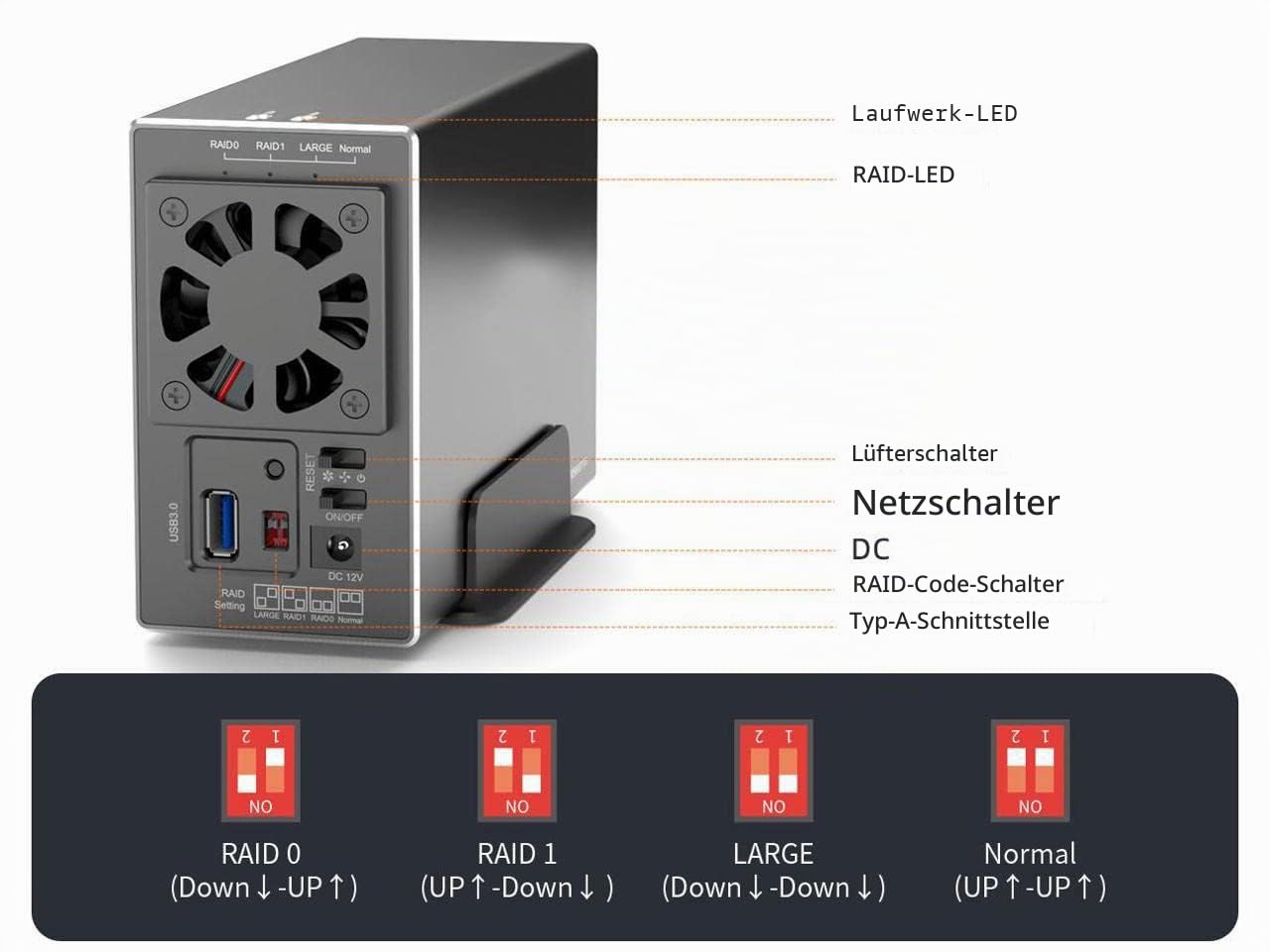 KALEA-INFORMATIQUE USB 3.0 5G Bay-Gehäuse für 2 SATA-Festplatten. Stromversorgung 50W, Kapazität 32TB. Hardware-RAID 0 1 0+1