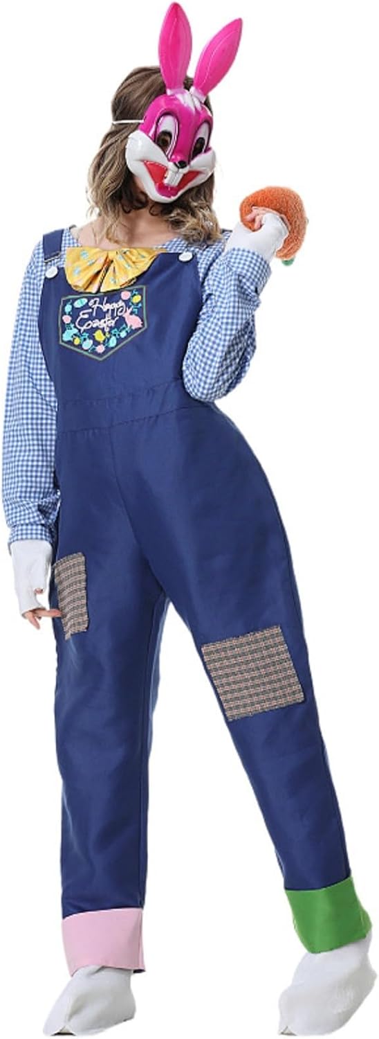 Kids Easter Bunny Overalls Set Denim Dungarees+Shirt+Gloves+Eye Patch+Foot Cover 5pcs Outfits Set with Pom Pom Tail