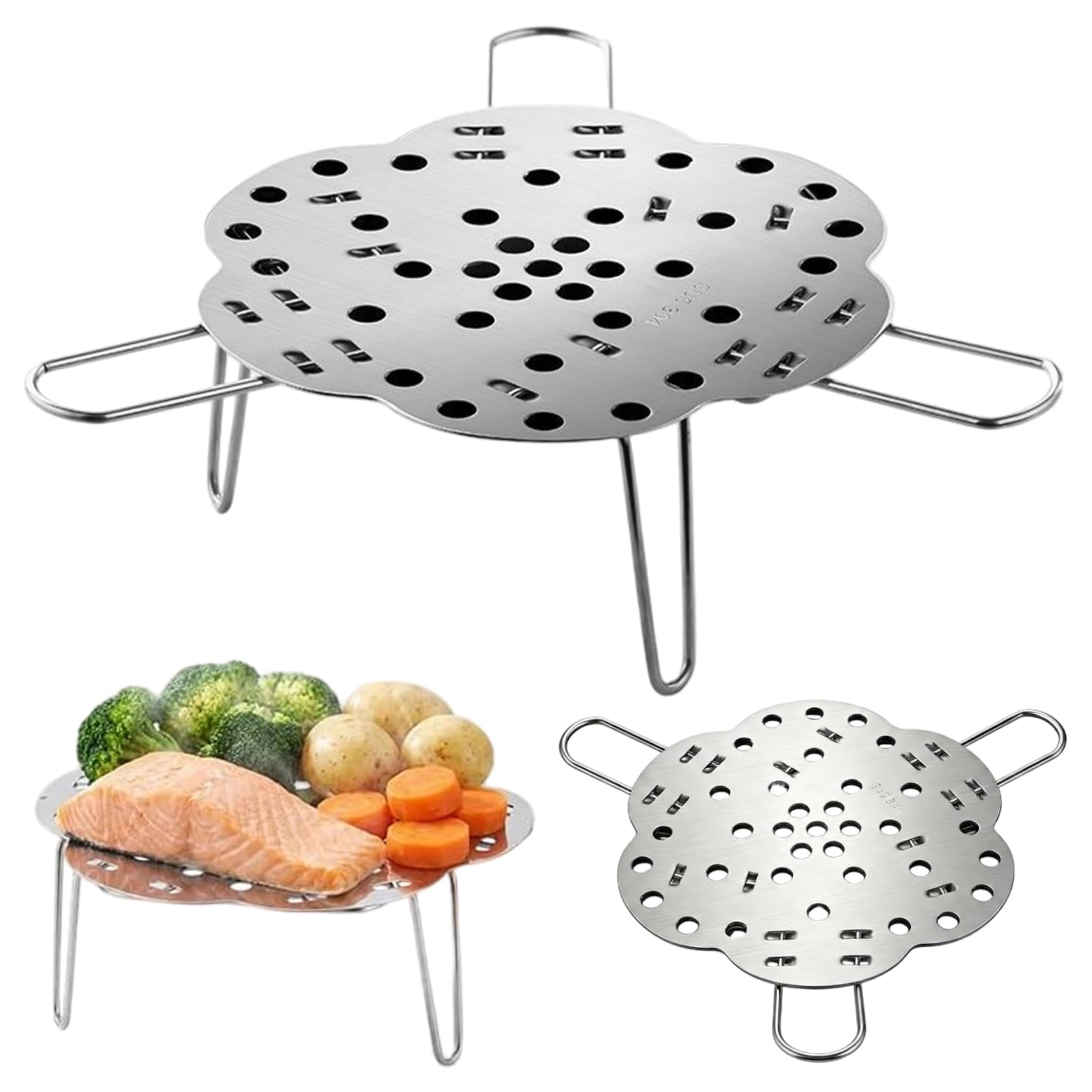 Rejilla para cocinar al vapor de acero inoxidable plegable y con pies en U