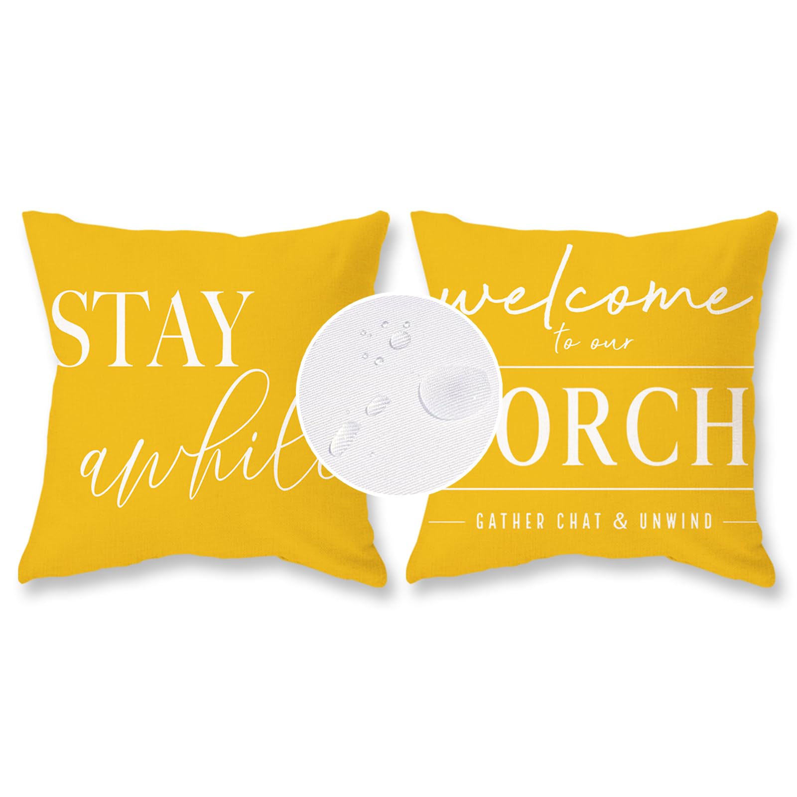 TAJWE Yellow Outdoor Pillow Covers Waterproof 20x20 Set of 2 Welcome to Our Porch Stay Awhile Cushion Cases for Patio Furniture Sofa Couch Decor