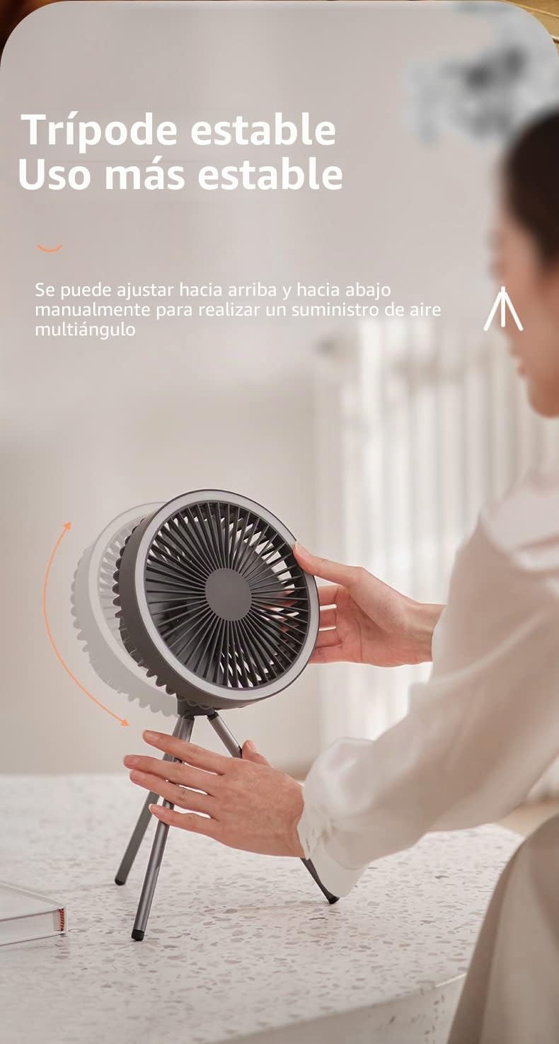 Ventilador de tienda con trípode, ventilador de escritorio con luz, 18 x 18 cm, 560 g, 10000 mAh, tiempo de trabajo 27 H (gris)