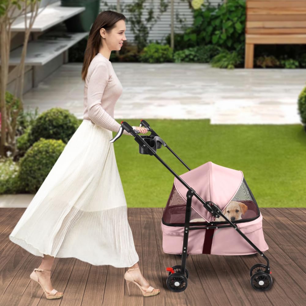 Homewell Passeggino per cani 2 in 1, con 2 portabevande, pieghevole, con freno di stazionamento, passeggino per animali domestici, 50 x 70 x 99 cm (rosa)