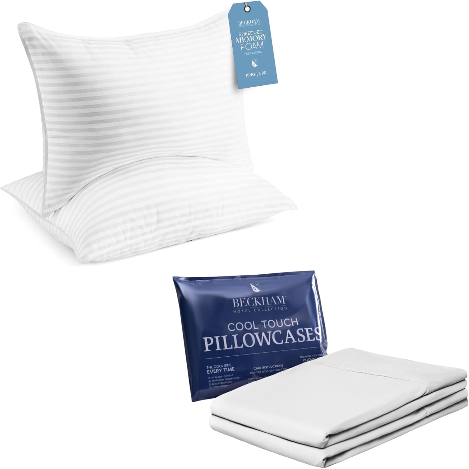 Beckham Hotel Collection King Size Memory Foam Bed Pillows & Cooling Pillowcases - Single