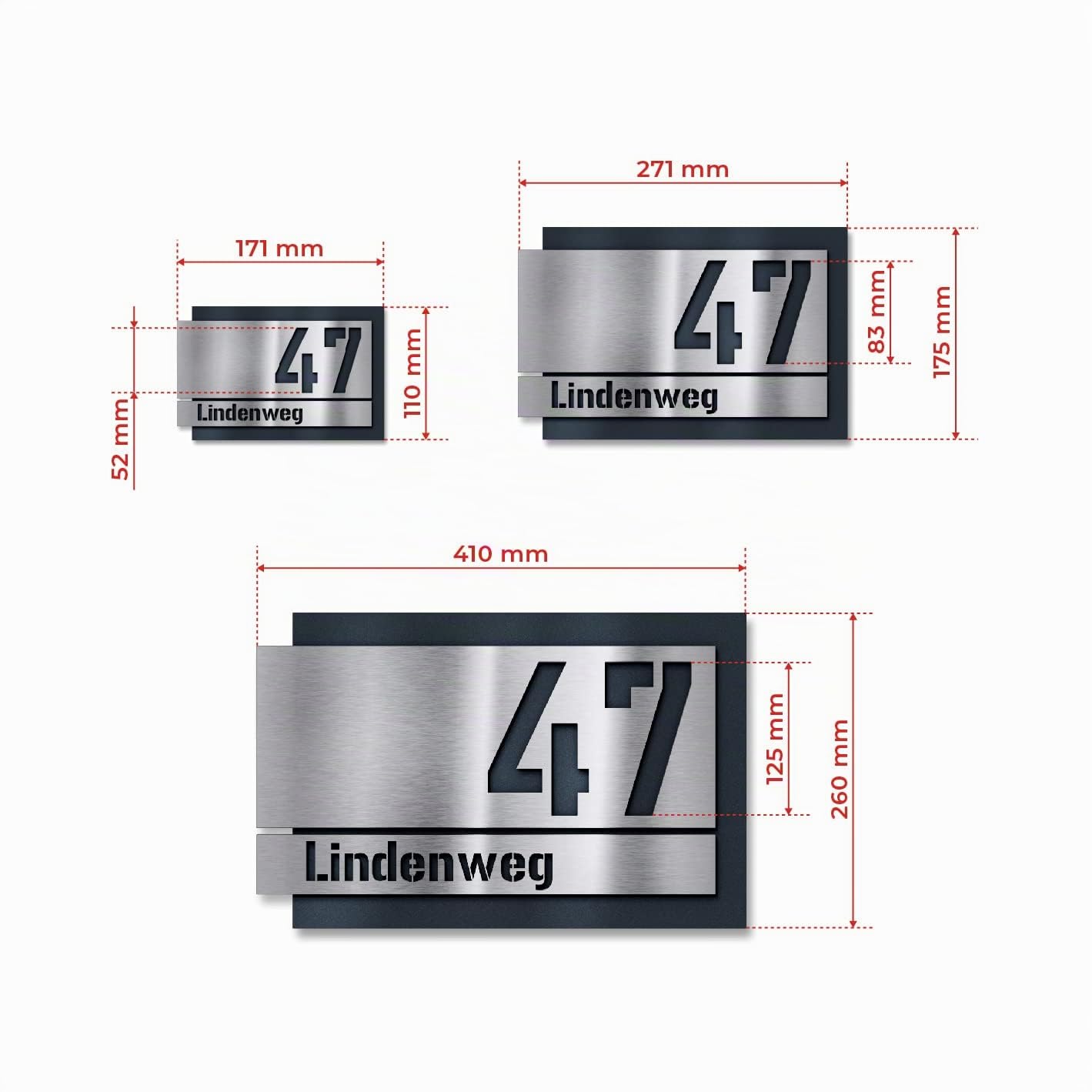 Metzler numero civico personalizzato acciaio inox antracite RAL7016 effetto 3D inciso laser resistente ai graffi e intemperie montaggio con tasselli o adesivo silicone design moderno 17x11 cm