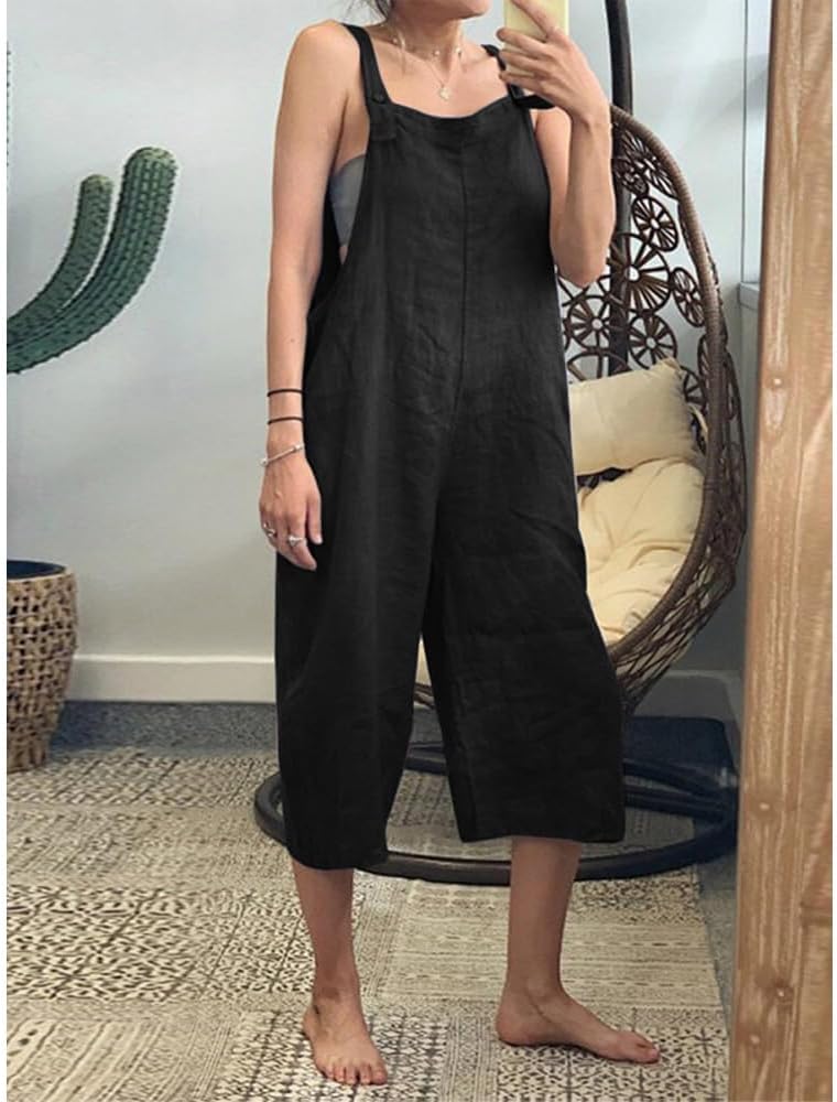 Women Casual Loose Wide Leg Jumpsuits Long Bib Pants Cotton Overalls with Pockets - Image 2