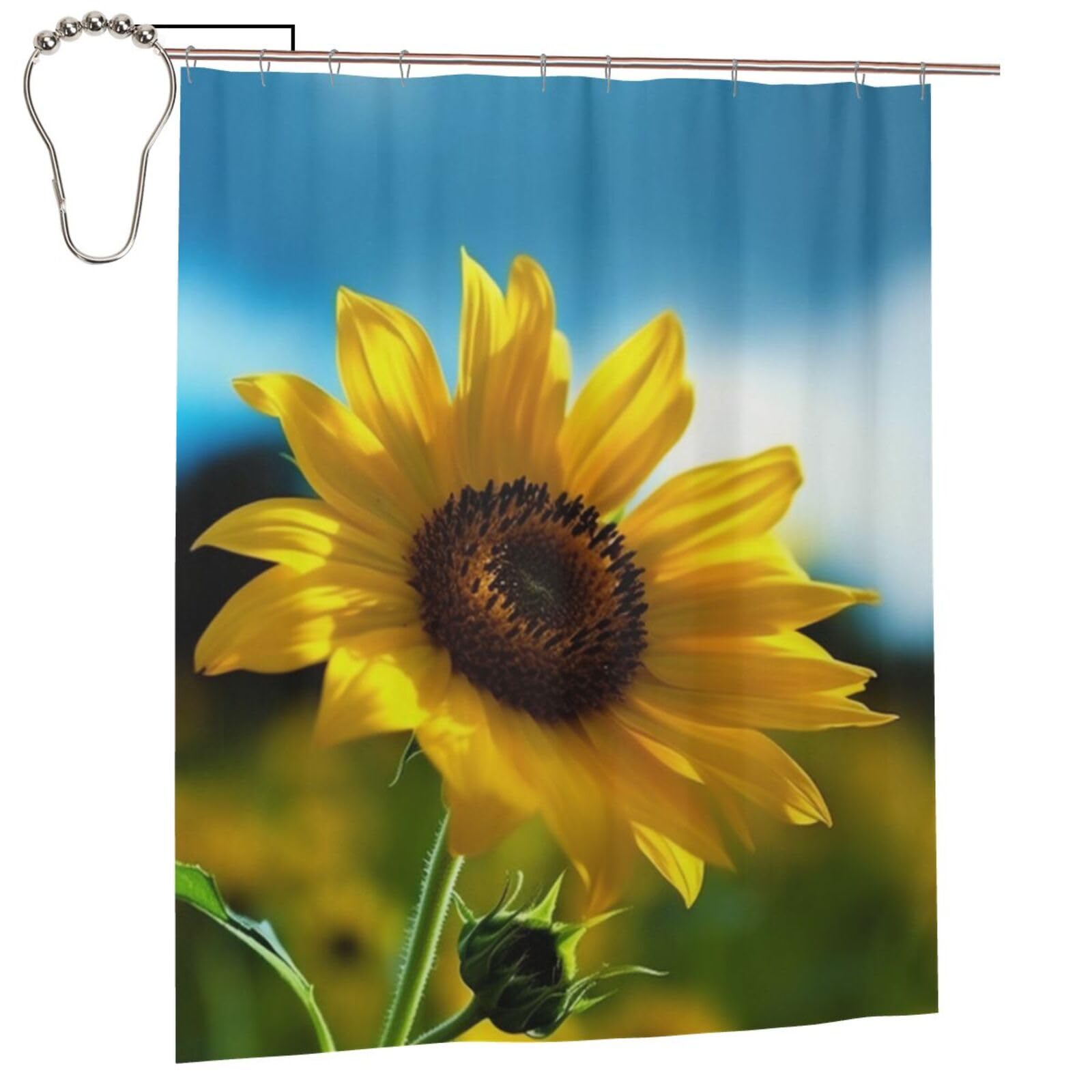 BWWHCCTI Beautiful Sunflower Printed Shower Curtain With 12 Iron Hooks Opaque Quick Drying Waterproof Shower Curtains Sets For Bathroom 152x183 Cm