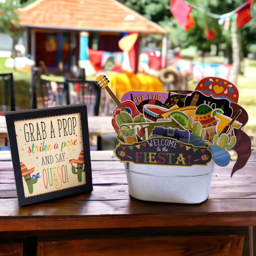 Fiesta Photo Booth Props - 41-pc Photobooth Kit with 8 x 10-Inch Sign, 60 Adhesive Pads, 45 Sticks - Mexican Photo Prop - Fiesta Props - Photo Booth Props Cinco de Mayo