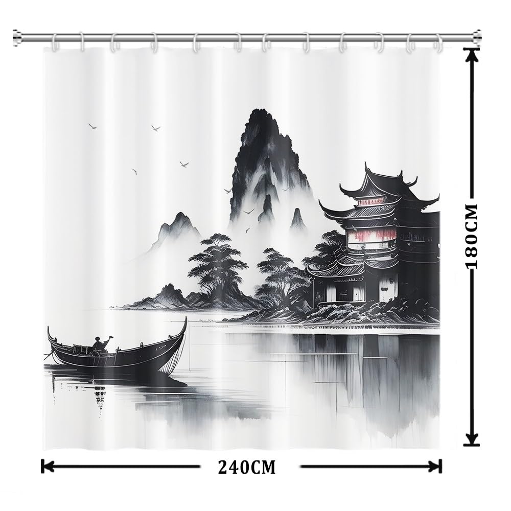 Xiaoterna Traditional Japanese Painting Shower Curtain Japanese Building Asian Ink Painting Shower Curtain Foggy Mountain Boat Wild Goose Outdoor Natural Scenery Bathroom Curtain 240x180cm - Image 2