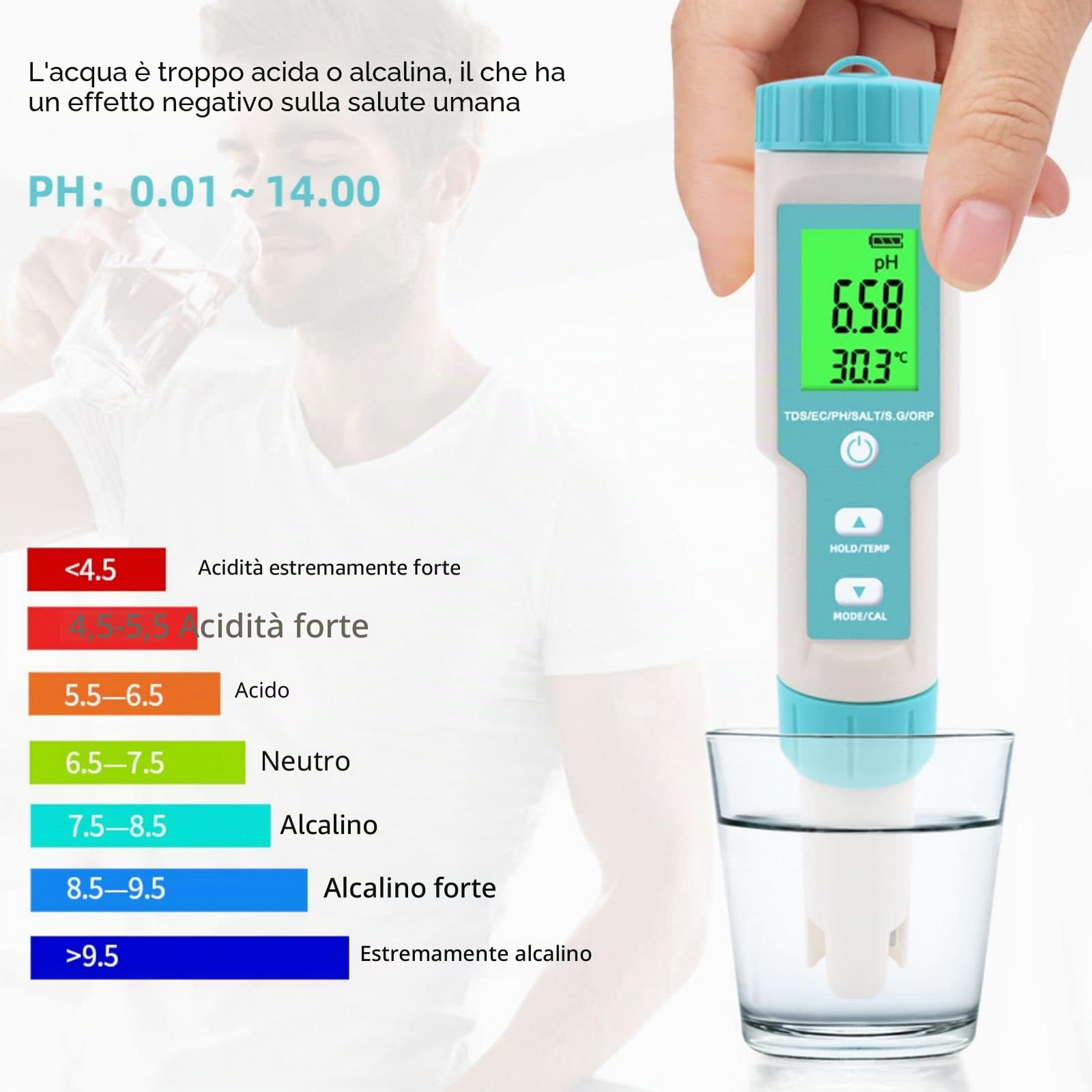 Misuratore pH 7 in 1 con PH/TDS/SALT/ORP/S.G/TEMP/EC, TDS tester con Display LCD, per Piscine, Acquari, Spa