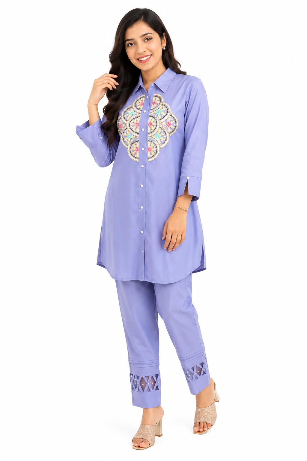 Women's Light Purple Embroidered Tunic and Trouser Co-ord Set-image-42