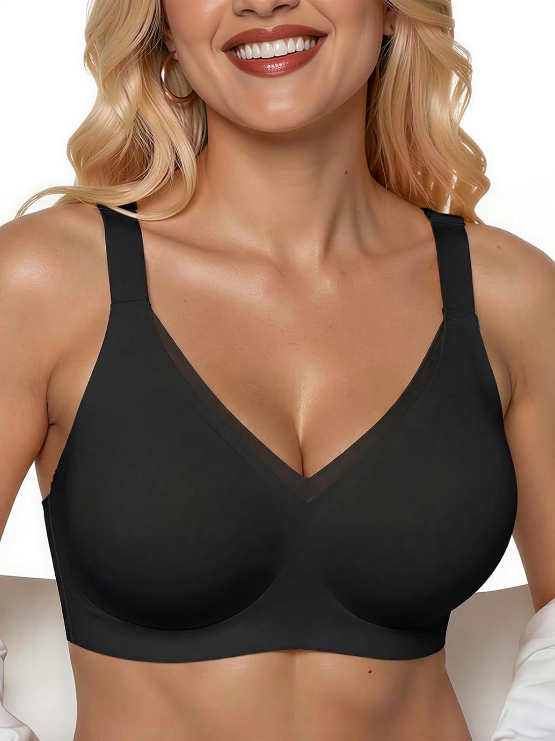 PoseFree Womens Wireless Bras Supportive Tshirt Bra No Underwire Seamless Push Up V Mesh Comfortable Bralette Everyday Bras