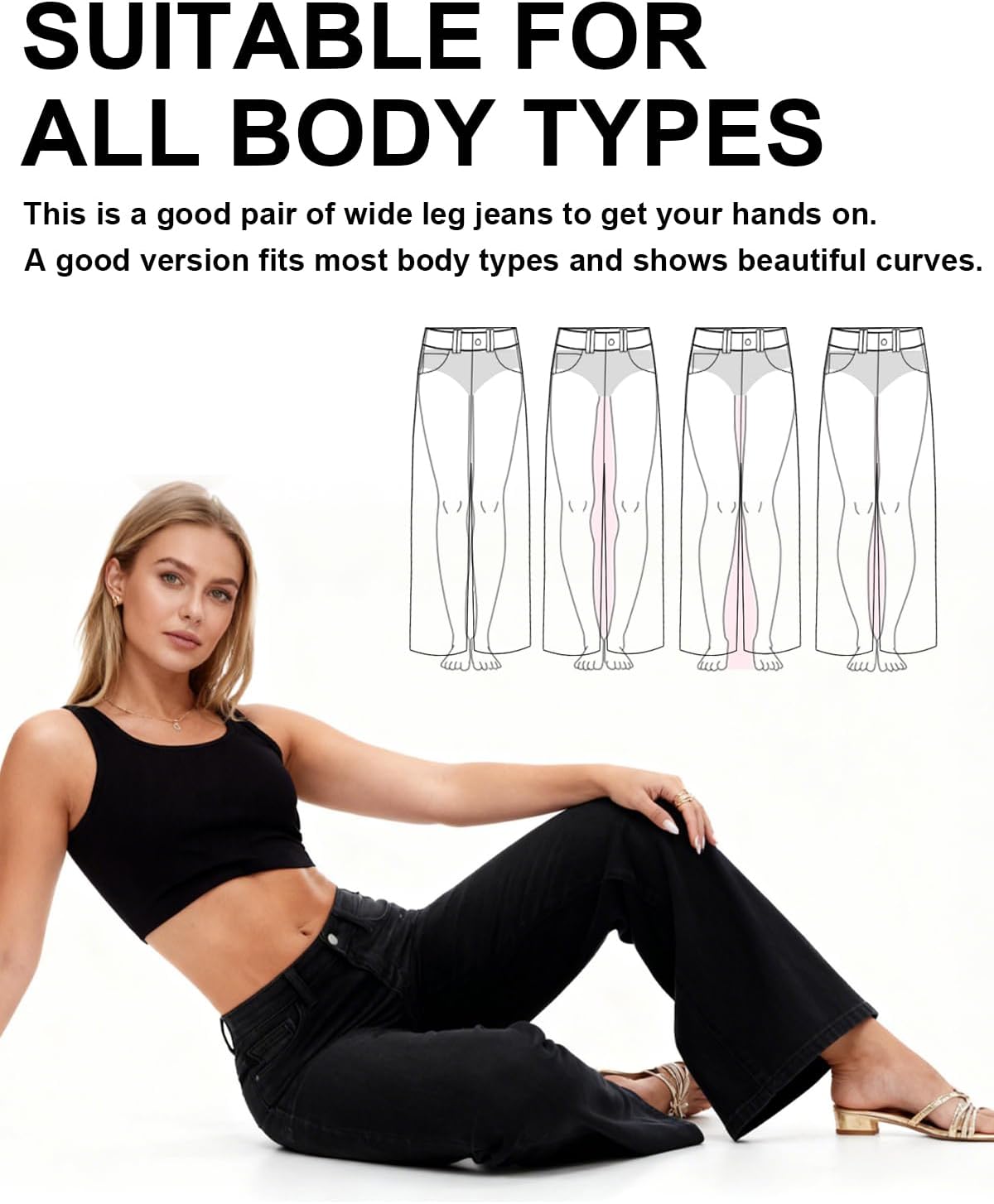 ONESO Mid-Low Rise Baggy Jeans Wide Leg for Women Distressed Pants Stretchy Bottom Lady Basic Comfortable Denim - Image 6