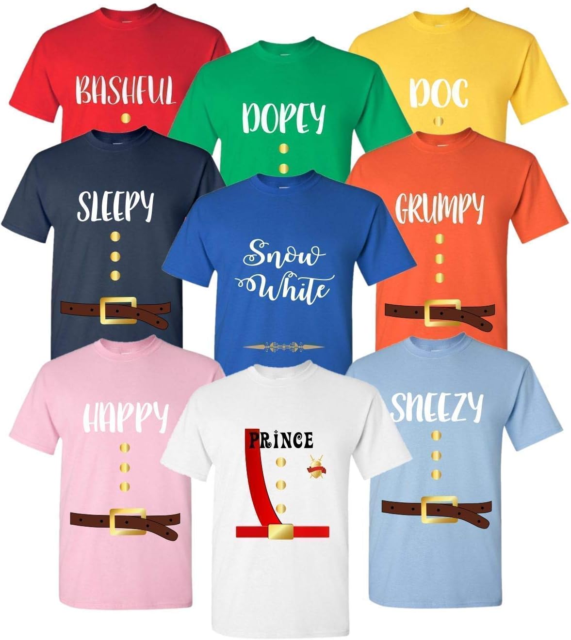 Halloween Shirts for 7 Dwarfs, Cosplay Costume for Seven Dwarfs T Shirt, Unisex Tee, Shirt for Kids, Family, Family Vacation Trip Shirts, Group Event, Group Matching Costume, Snow White