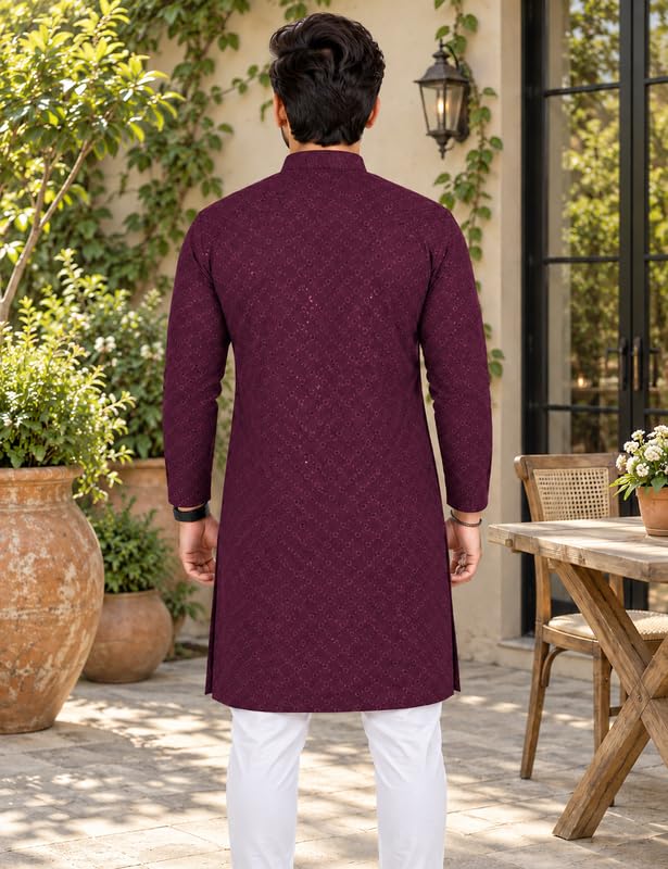 Image of Men's Lakhnawi Chikankari Kurta Set Cotton Ethnic Kurta Pajama for Men Wedding Festive Designer Indian Outfit Stylish Embroidered Kurta Set