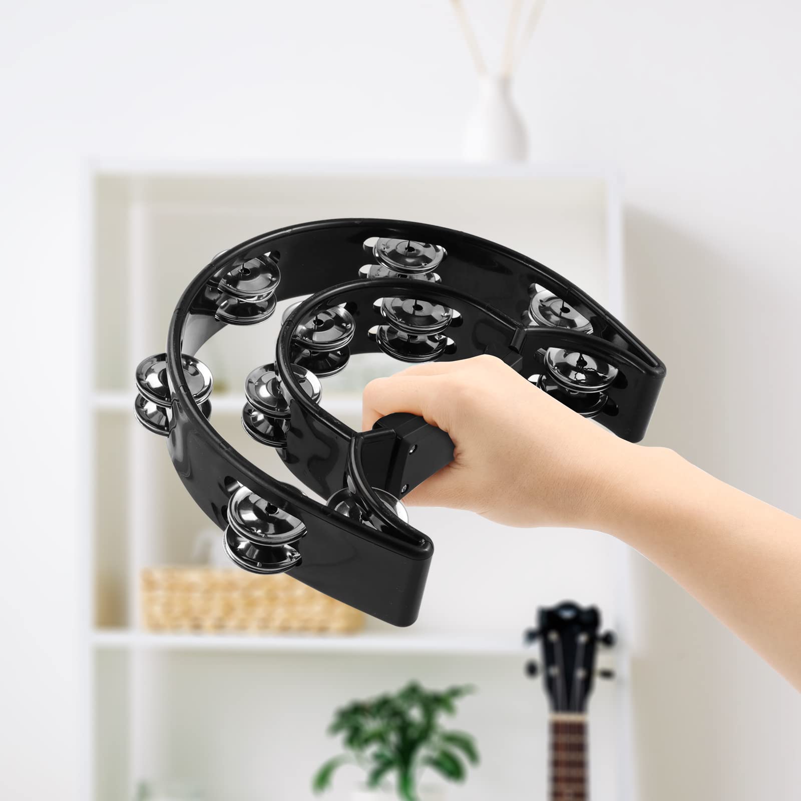 4 Stück Tambourine Schwarz, Plastik Zweireihiges Jingles Tamburin Percussion Instrument mit 40 Schellen, Hand Tamburin Halbmond für Party Unterhaltung