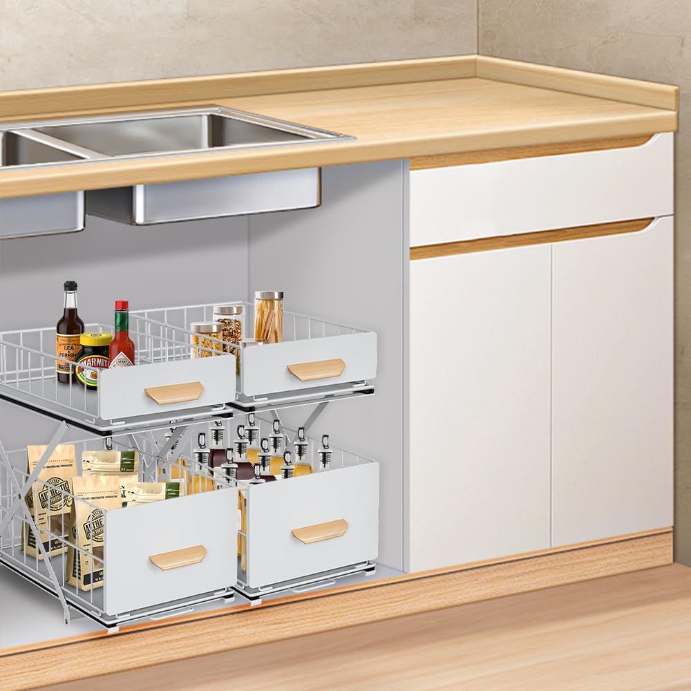 OHMG - Organizadores bajo fregadero de doble nivel, almacenamiento bajo fregadero, estructura de acero al carbono reforzado, almacenamiento y organización para cocina, cuarto de baño, lavadero