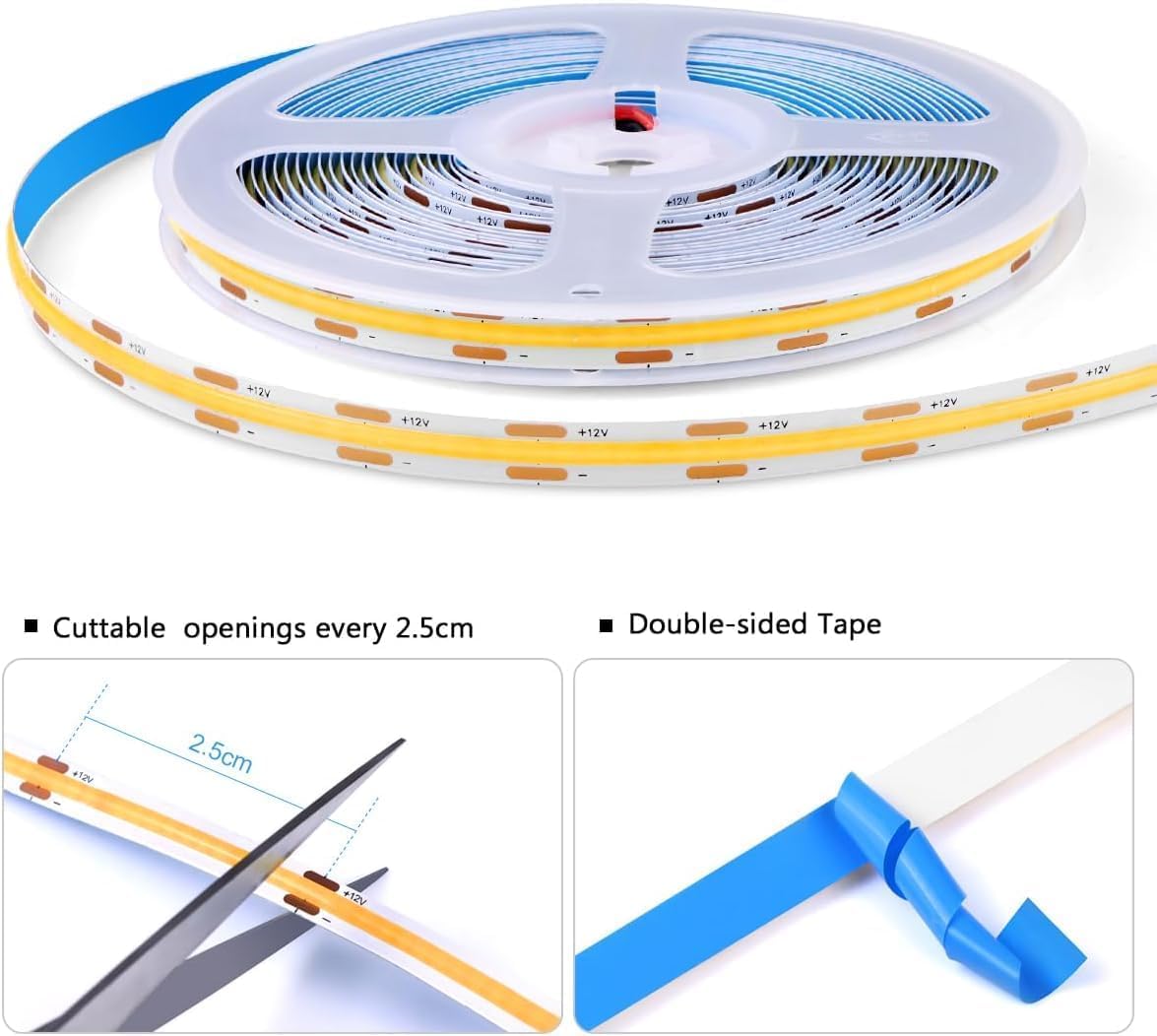 AIMENGTE COB LED Strip 1m, 6 rollos 12 V blanco cálido Paneles acústicos Cortable COB LED Strip, con interruptor táctil y regulador manual, para vitrinas de vino, estanterías, armarios