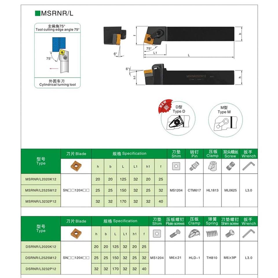 1pc 75° MSRNL1616H12 MSRNR2020K12 CNC Lathe Cutting Tool MSRNR2525M12 MSRNL2525M12 External Turning Tools Holder for SNMG1204 Insert(MSRNR1616H12)