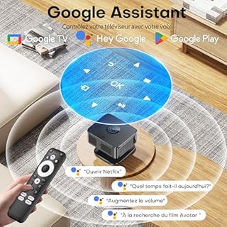 Vidéoprojecteur 4K Supporté 1500 ANSI 38000 Lumen avec Google TV Officiel, Netflix Youtube, Auto Focus, WiFi 6 Bluetooth 5.3, Contrôle Vocal, Rotatif 360°, Home Cinéma Salon et Chambre