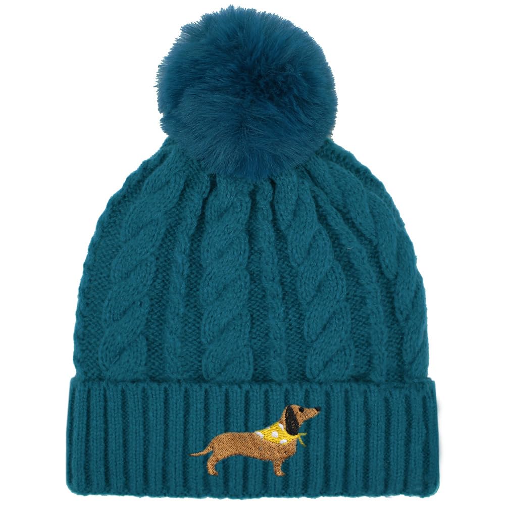 TeddyT's Dachshund Sausage Dog Fleece Lined Knitted Pom Pom Bobble Hat (UK, Alpha, S, L, Teal)