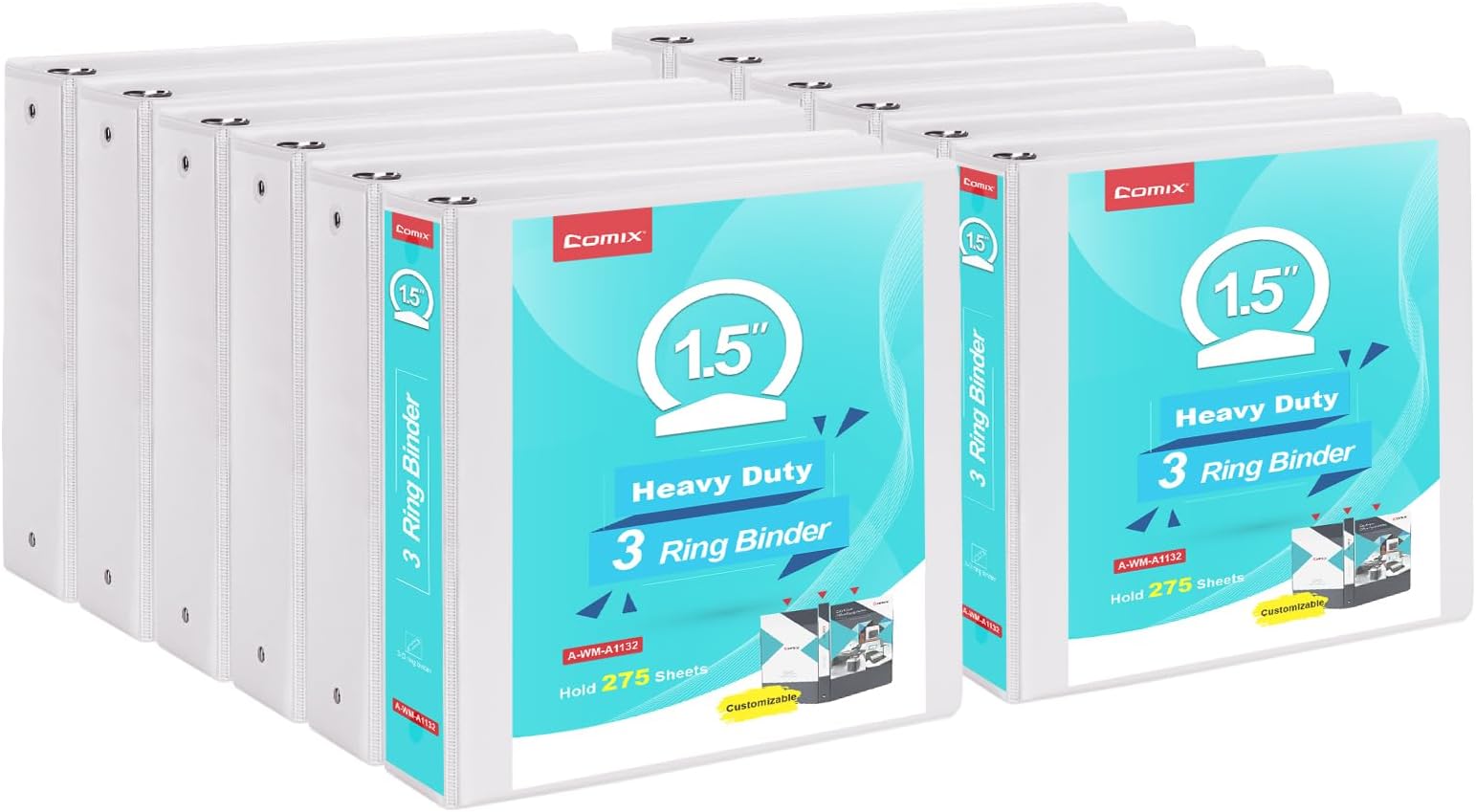 - 1.5 Inch 3 Ring Binder, Heavy Duty Large Capacity Round Ring Binder, Hold 300 Sheets of 8.5" x 11" Paper, PVC-Free, Clear View Cover & Spine Label, 2 Interior Pockets, 12 Pack (White)