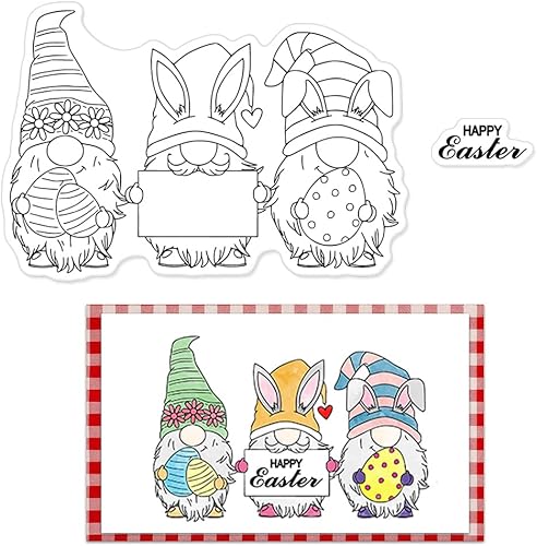 Miniatura 6 de Estivaux Huevos de Pascua, gnomos, sellos transparentes para hacer tarjetas y diarios, sellos de goma de conejo de Pascua feliz, conejos y gnomos,
