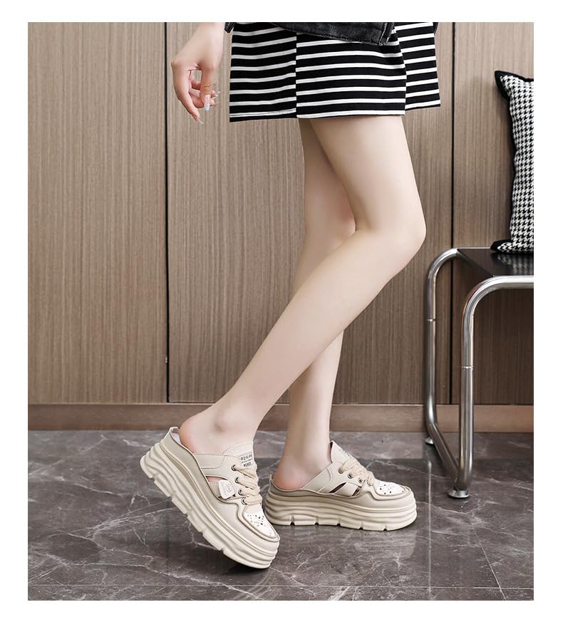 Women's Chunky Platform Mules Thick Sole Lace Closed Toe Hollow Out Slip-on Sneakers Comfortable Casual Summer Flats3