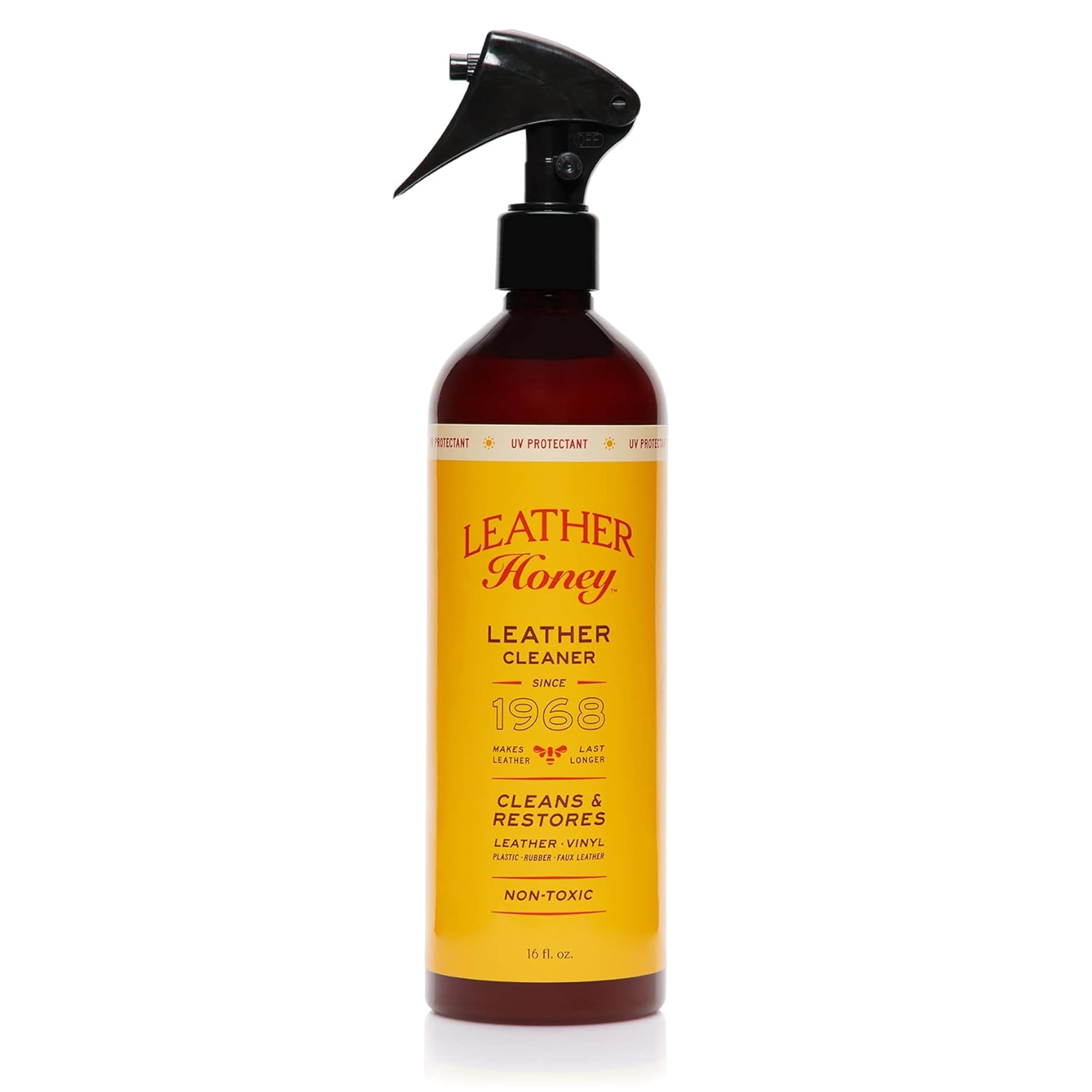 Spray limpiador Leather Honey: protector UV, no tóxico y fabricado en EE. UU. desde 1968. Limpia y protege cuero, imitación y vinilos, coches, bolsos, zapatos, etc. Seguro para cualquier color.