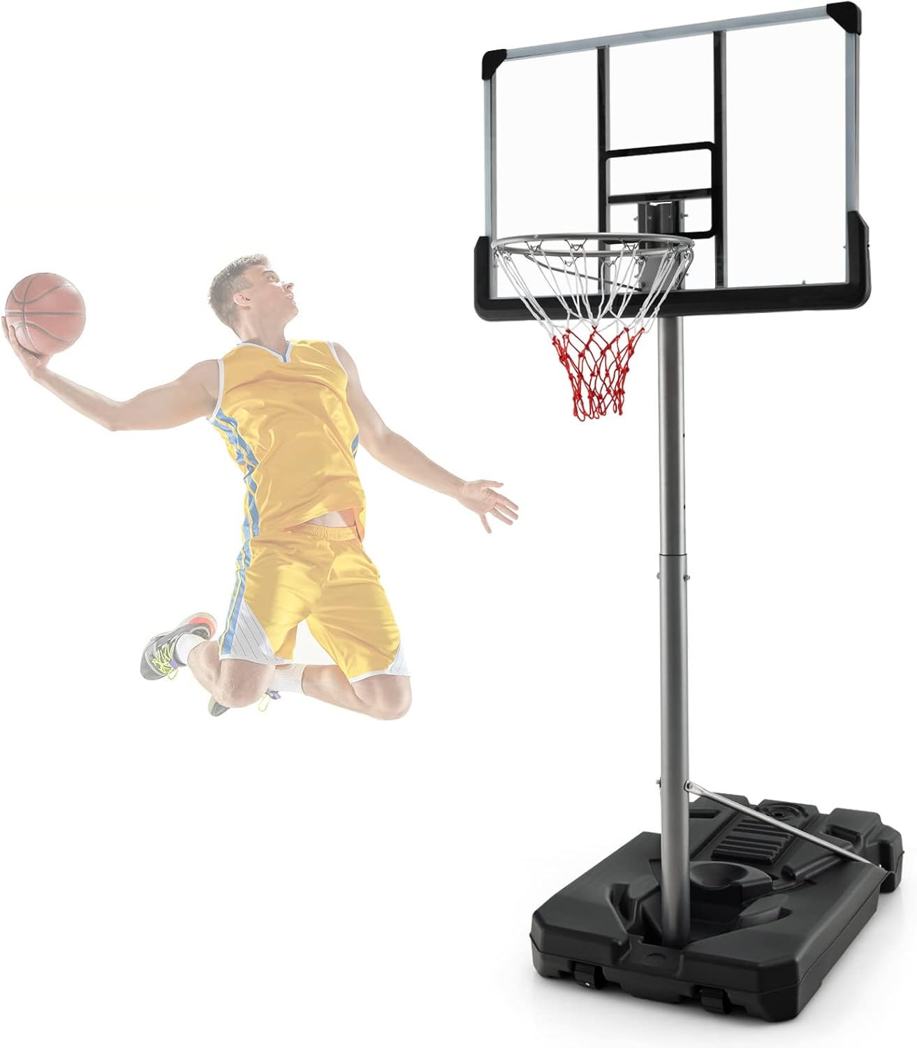 Goplus Portable Basketball Hoop Outdoor, 64’’-79’’ Poolside Basketball Goal Height Adjustable w/2 Wheels, Shatterproof Board, Fillable Base, Waterproof Basketball Stand for Kids Teenagers Youth