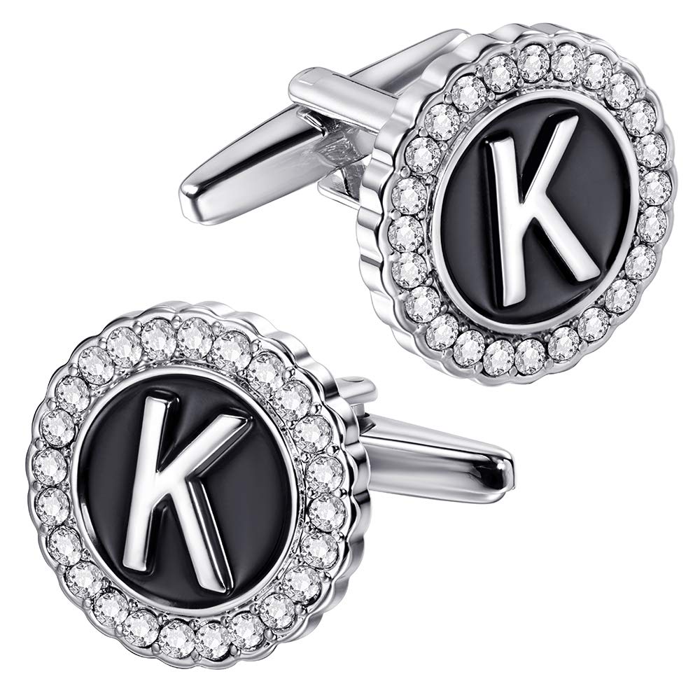 HAWSONA-Z Initial Cufflinks for Men and Women with Clear Crystal, Silver Color Rasied Letter A-Z Cuff Links for French Shirt, Gift for Normal and Business Wearing