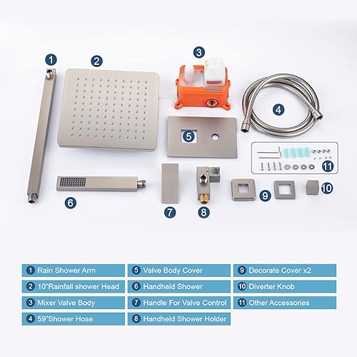 Miniatura 9 de Juego de grifo de ducha LED montado en la pared, cabezal de ducha de lluvia de 10 pulgadas con ducha de mano de alto flujo, sistema de ducha LED