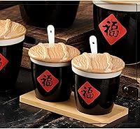 Vista 3 de Tarros de especias China, retro, de cerámica, porcelana, tanque de agua, tanque de salsa de sal, bendición de cerámica, palabra, condimento, caja