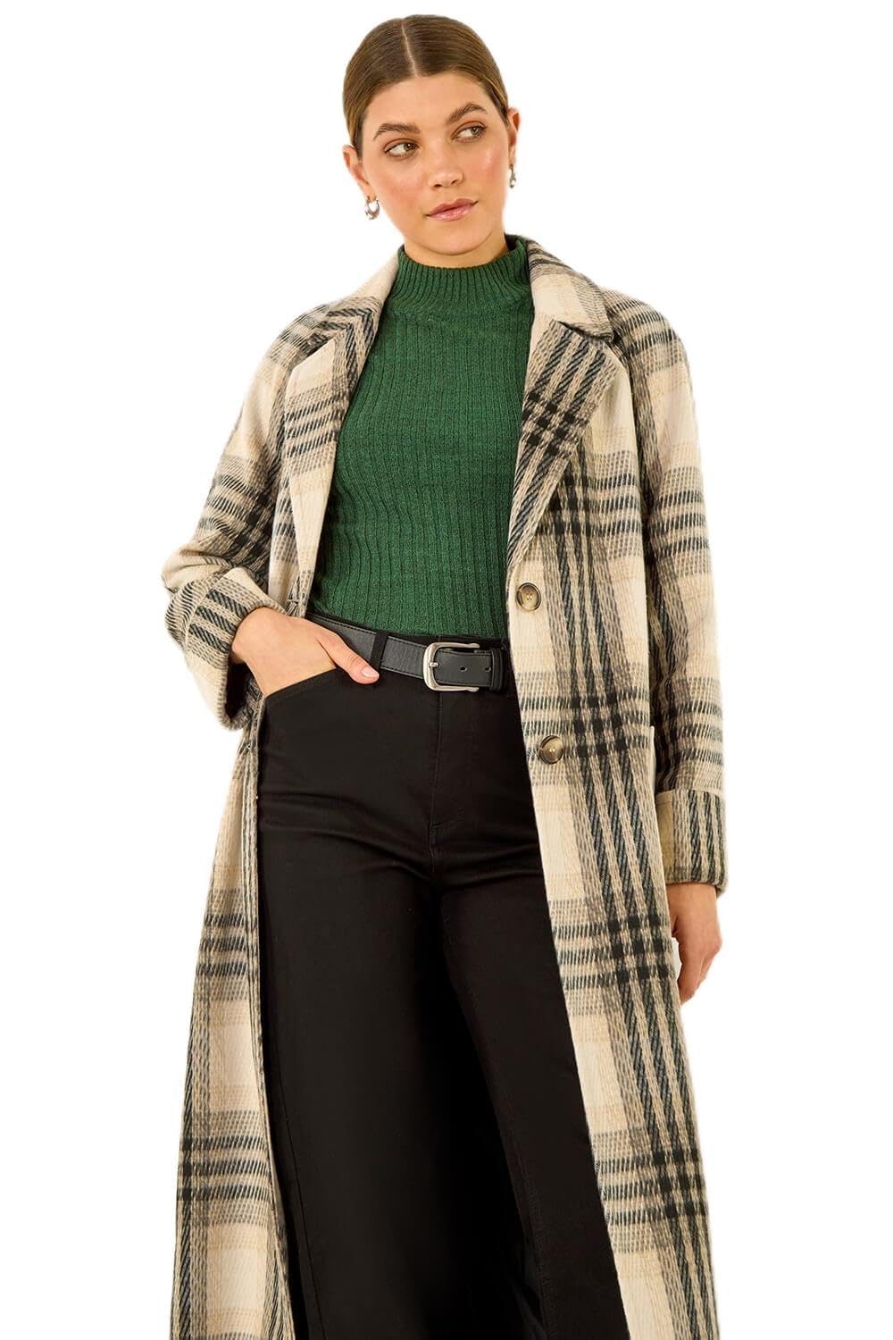 Roman Women's Ivory Check Print Longline Coat Size 16