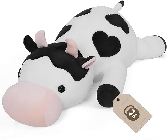 Jouet en peluche pondéré pour les animaux farcis par la vache 24" 4.2lb Poupées mignons en peluche pour les garçons et les filles (blanc) & Noir)