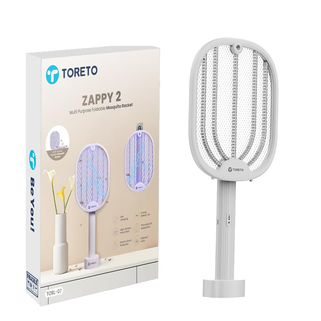 Toreto Mosquito Killer Racket, Foldable Mosquito Bat with UV Light, 3500V, 2 in 1 Auto Mosquito Killer with Charging Base Stand, Electric Fly Swatter, Lithium-ion Battery.(Grey)