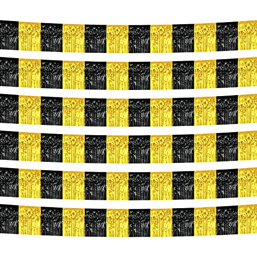 6 Pack 10 Feet Black Gold Foil Fringe Garland Metallic Tinsel Streamers Banner Wall Hanging Curtain Backdrop Banner for Parade Floats, Thanksgiving, Christmas, Birthday, Halloween Party Decorations