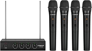 Wireless Microphone System, 4 Channel VHF Wireless Mics, w/ 4 Handheld Dynamic Microphones, Metal Receiver, Long Range, Mic for Singing, Karaoke, Church (PTV-2000-4H)