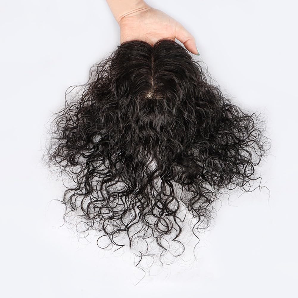 Middle Part Curly Human Hair Topper Clip in Silk Base Wiglet Hairpiece Forehead Hairline Replacement (5x8cm/20cm Brown)