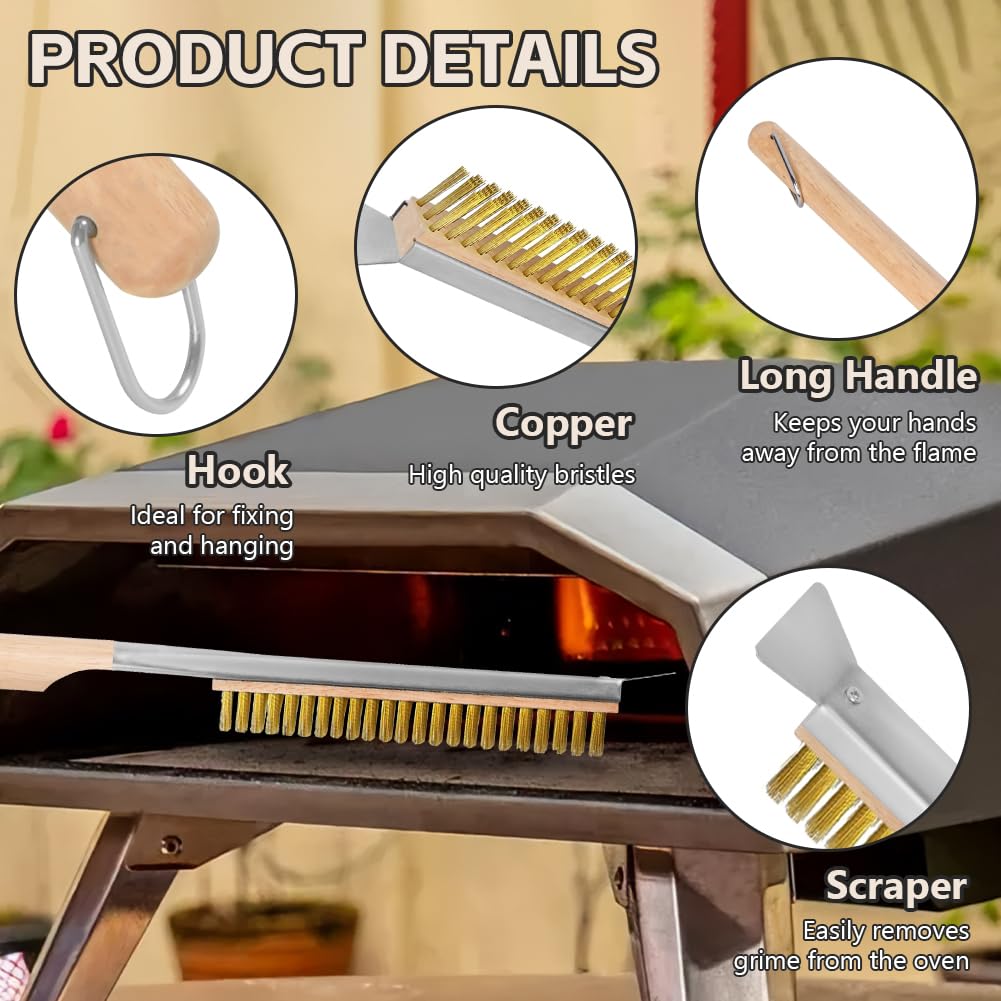OFFCUP Pizza Oven Brush, 56CM Copper Pizza Stone Cleaning Brush with Scraper and Small Brush - Image 3