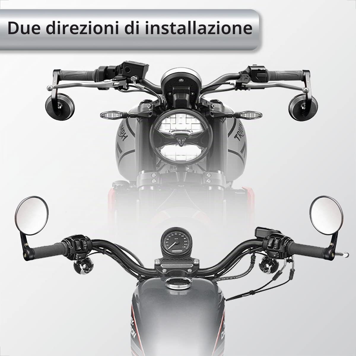 Evermotor Specchietti Moto Manubrio Omologati E4, Specchietti Manubrio Moto Rotazione 360°, Retrovisori Bar End per Manubri 22mm, Compatibili Ø Interno 13–16mm e 17–19mm, 2 pezzi