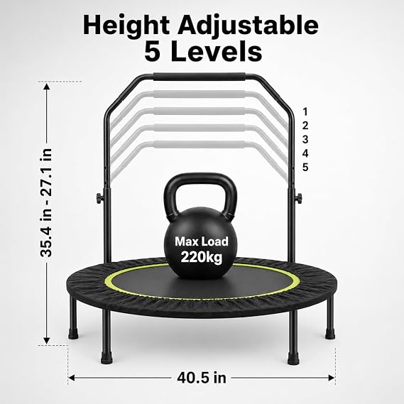 Foldable Fitness Trampoline, Max 485lbs(220kg), Rebounder Exercise Trampolines with Adjustable Handrail, Indoor/Outdoor Mini Trampoline for Home Workout