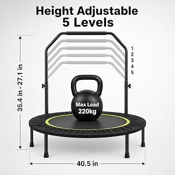 Foldable Fitness Trampoline, Max 485lbs(220kg), Rebounder Exercise Trampolines with Adjustable Handrail, Indoor/Outdoor Mini Trampoline for Home Workout