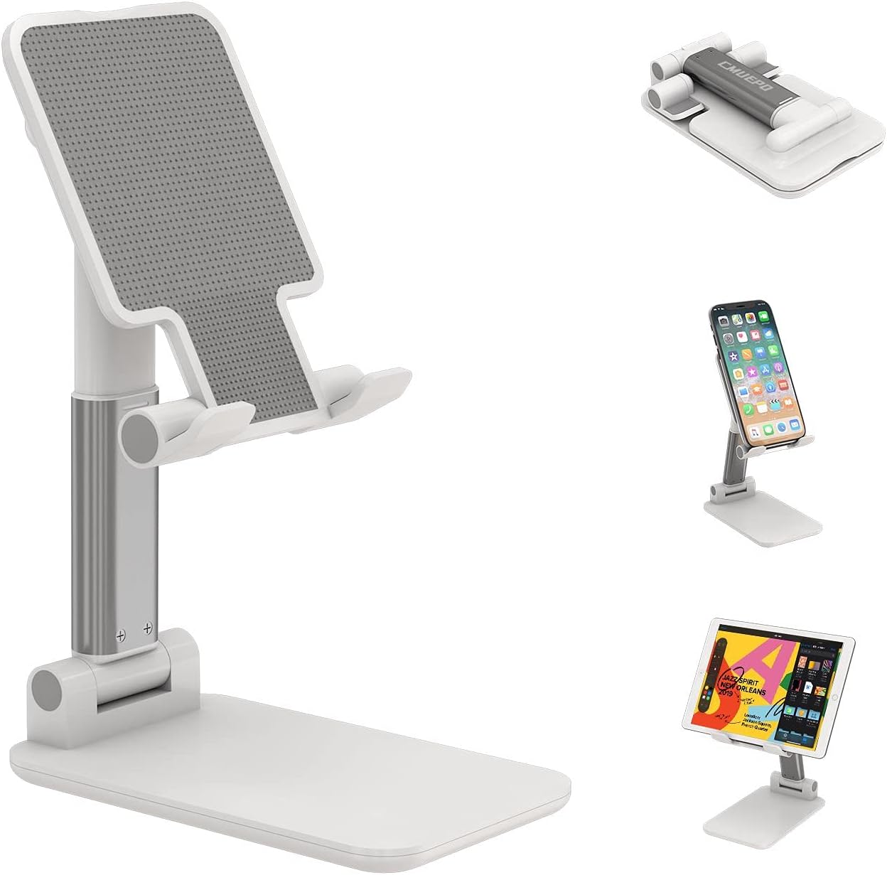 Cell Phone Stand, Adjustable Angle Height Phone Stand for Desk, Foldable Aluminum Desktop Phone Holder, Tablet Stand Compatible for Cell Phone/Tablet (White)