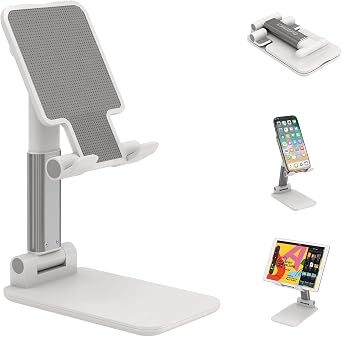 Cell Phone Stand, Adjustable Angle Height Phone Stand for Desk, Foldable Aluminum Desktop Phone Holder, Tablet Stand Compatible for Cell Phone/Tablet White