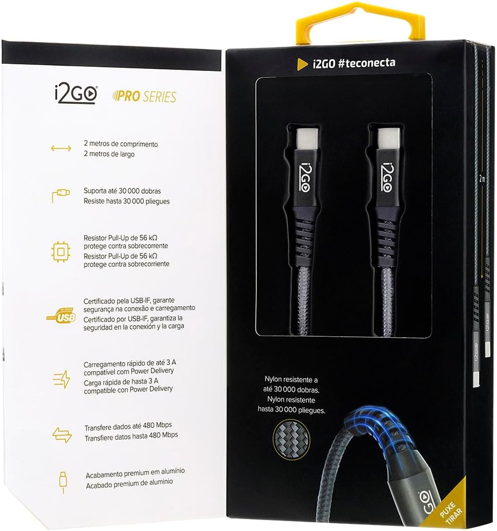 Cabo USB-C + USB-C I2GO 2m 3A Nylon Trançado Chumbo - I2GO PRO