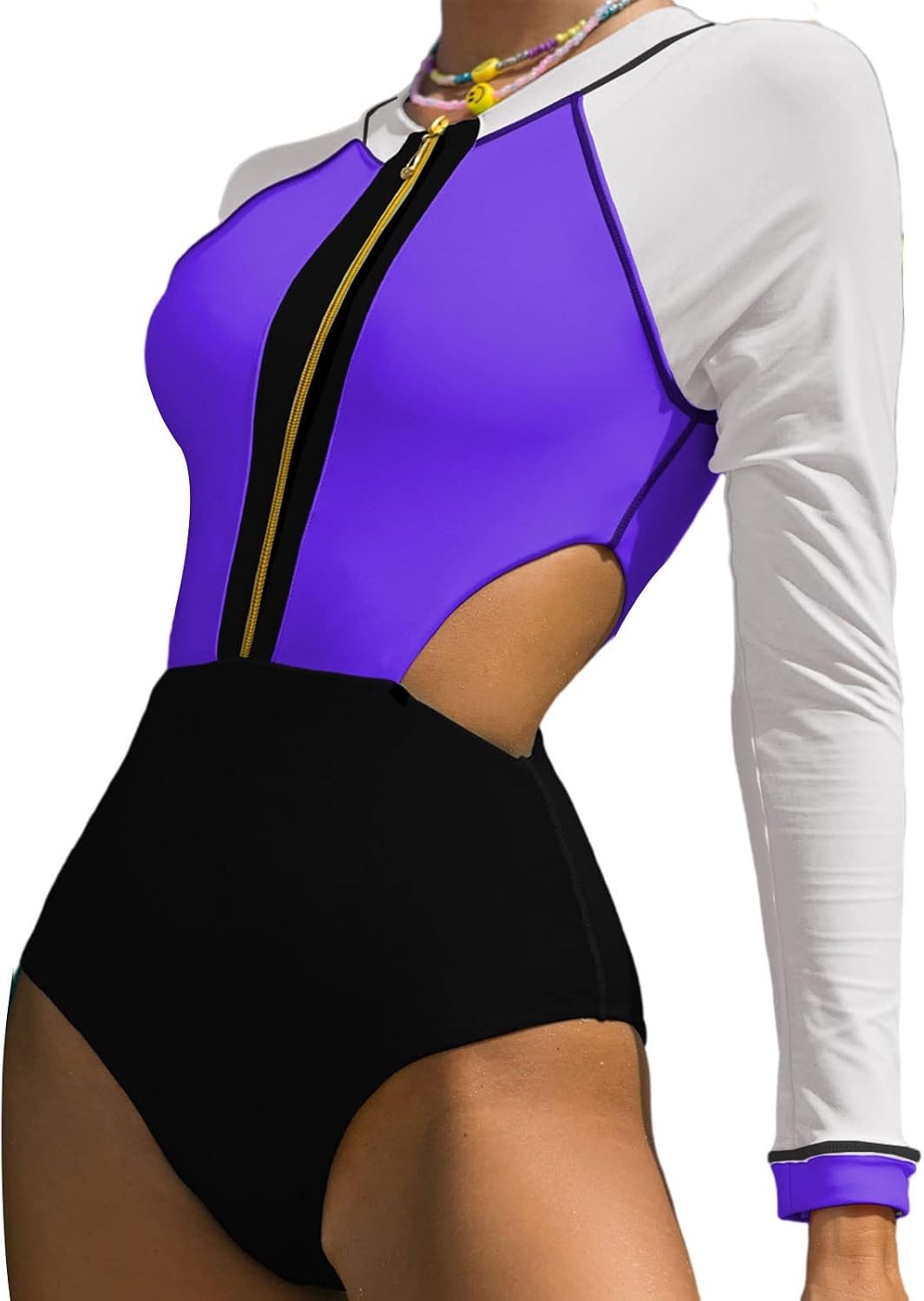 Women's Patchwork Piece Swimsuit Swimming Suit Long Sleeves Swimwear Female O-Neck Monokini Cut-Out Bathing Suit
