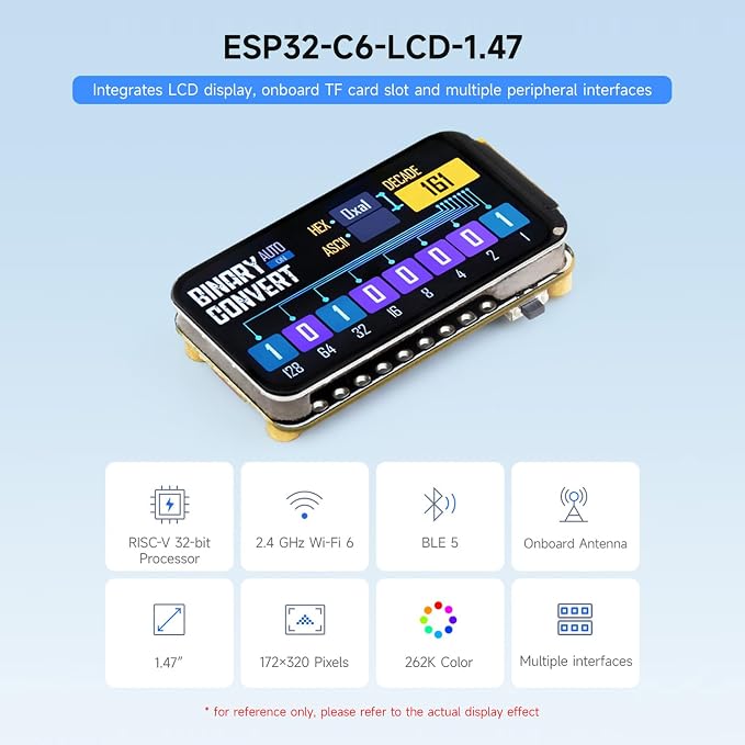 Waveshare ESP32-C6 1.47inch Microcontroller Wi-Fi 6 Development Board 160MHz Single-Core Processor 172x320 LCD Screen 262K Color with RGB BLE5 4MB Flash for LVGL GUI Development