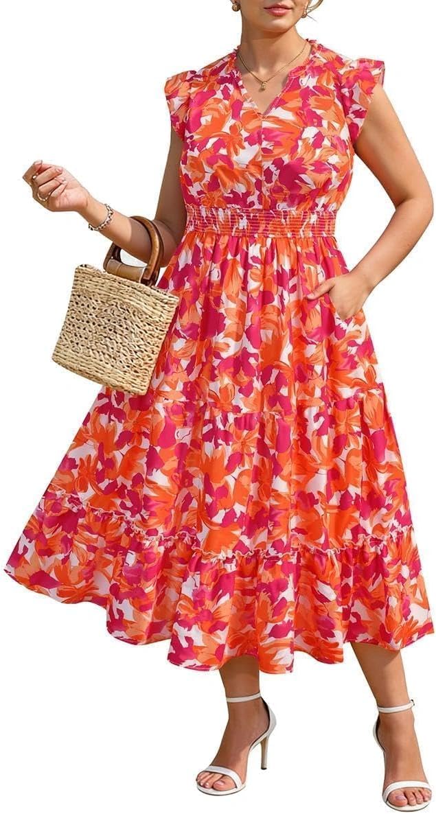 RITERA Plus Size Dress for Curvy Women 2X Summer Orange & Pink Floral Maxi Dress Cap Sleeve V Neck Ruffle Sundress Boho Casual Beach Long Dresses Wedding Guest Dresses 2XL 18W 20W