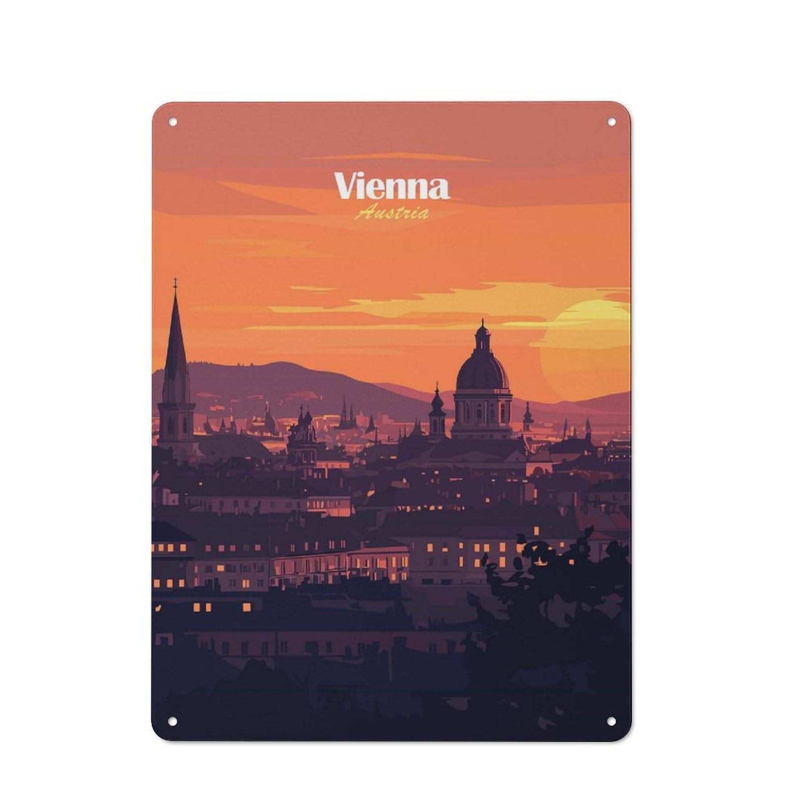 Industrial Metal Sign with Vienna Sunset Skyline Design 40x30cm, Modern Retro Loft Wall Plaque for Workspace, Cafe, Hallway Or Garage