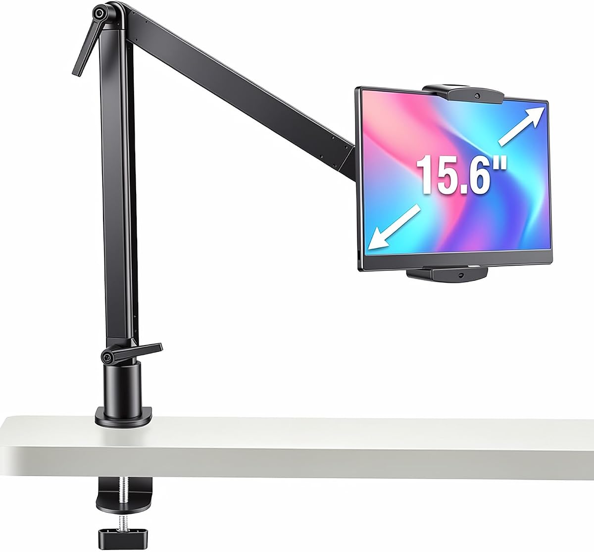 Soporte para tableta para Kindle, soporte para monitor portátil de 15,6 pulgadas como máximo, para iPad, brazo de montaje para tableta con tornillos mejorados/base giratoria de 360°, se adapta a Kindle, pestañas de 12,9 pulgadas como máximo (no más de 2,65 libras)